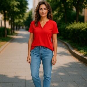 J. Jill Red V-Neck Short-Sleeve Sweatshirt